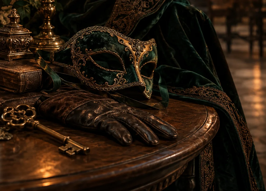 Velvet masquerade mask and gloves in a candlelit stone hall