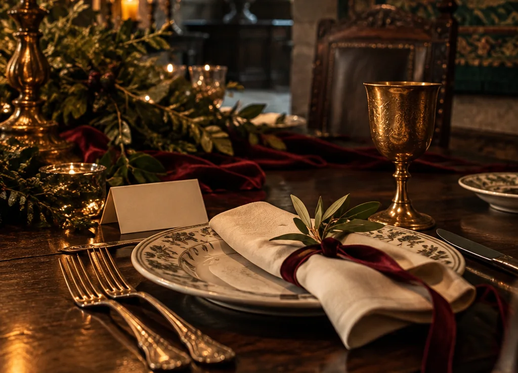 Candlelit table with linen, brass goblet, and an ornate place setting