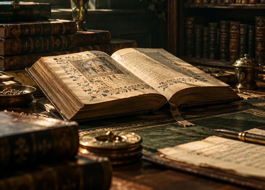Open illuminated manuscript in a candlelit library