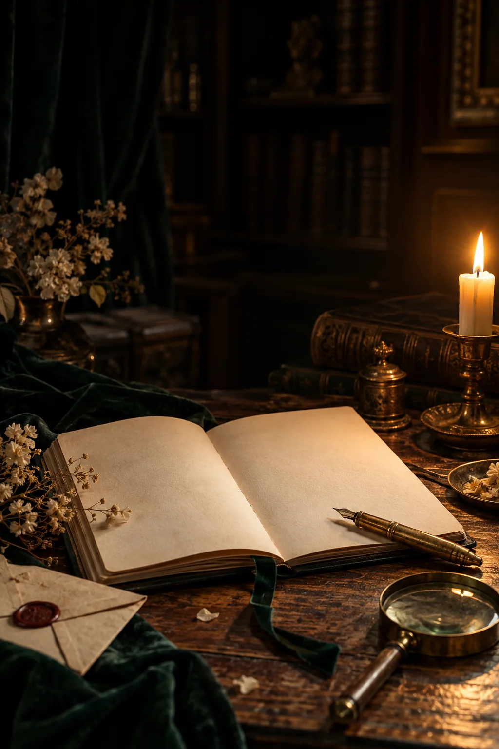 Open journal and sealed envelope on a candlelit writing desk